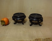 Vintage Pair of 2 Chinese Round Black Wooden Footed Display Stand For Bowl Vase