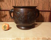 Large Japanese Meiji Period Bronze Censer Incense Burner w Handles Bird Four Season Panels