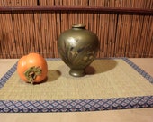 Vintage Japanese Metal Vase Etching Design Narcissus and Chrysanthemum Flowers