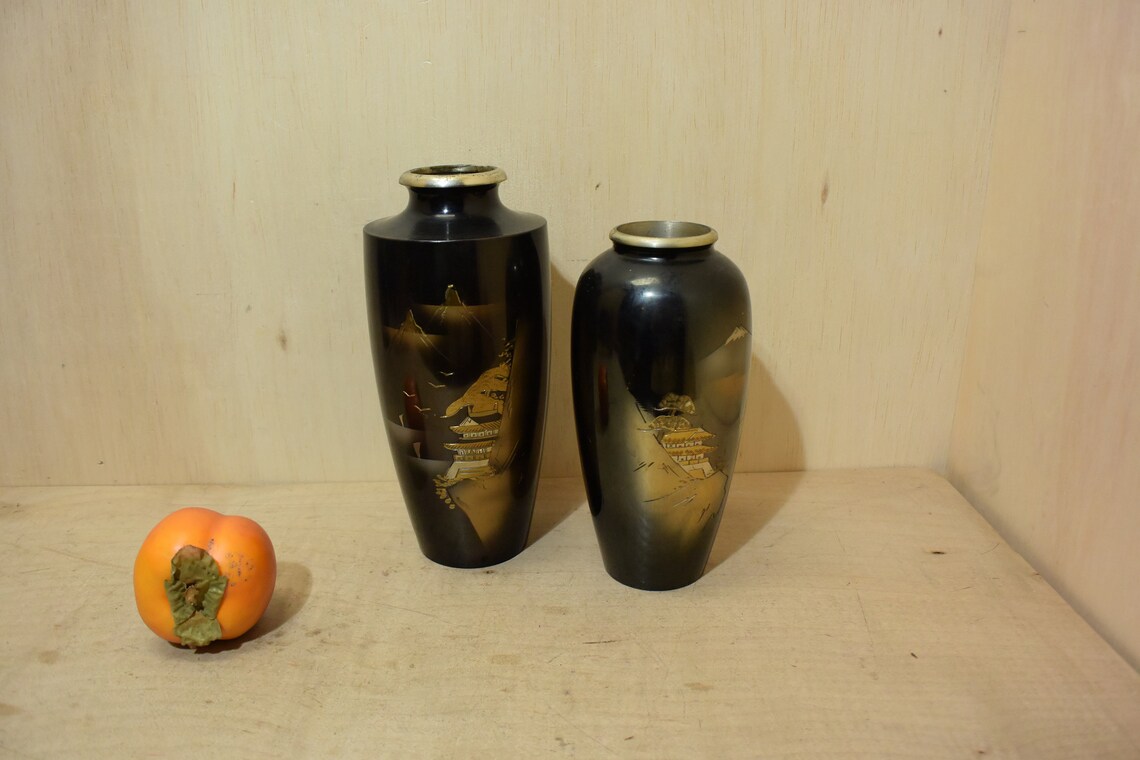 Vintage Japanese Metal Vase Etching Design Mt. Fuji and Etsy
