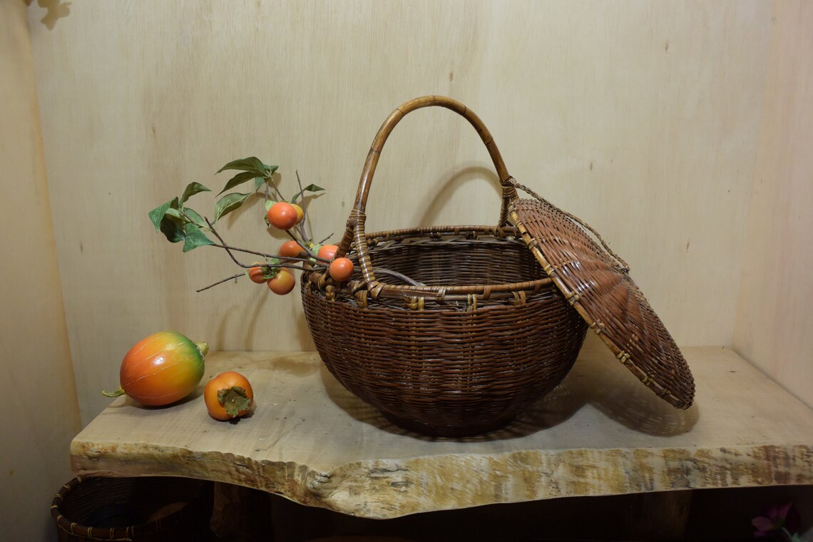 Large Round Vintage Southeast Asian Bamboo Rattan Basket With Etsy