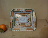 Rectangular Japanese Arita Imari Porcelain Bowl Scallop Rim Crane Orange Green Gold