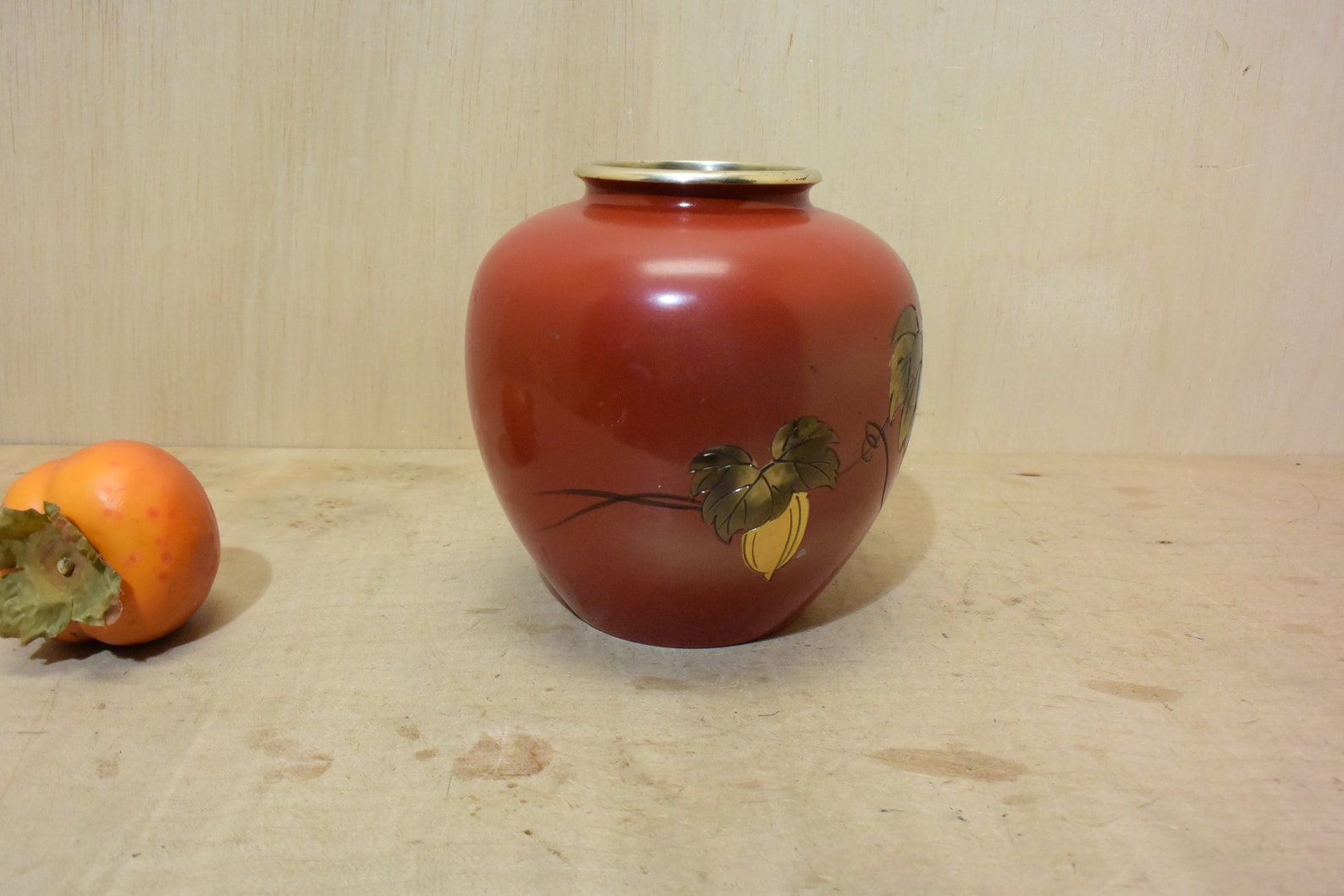 Vintage Japanese Metal Vase Etching Design Melon Vine Red Etsy