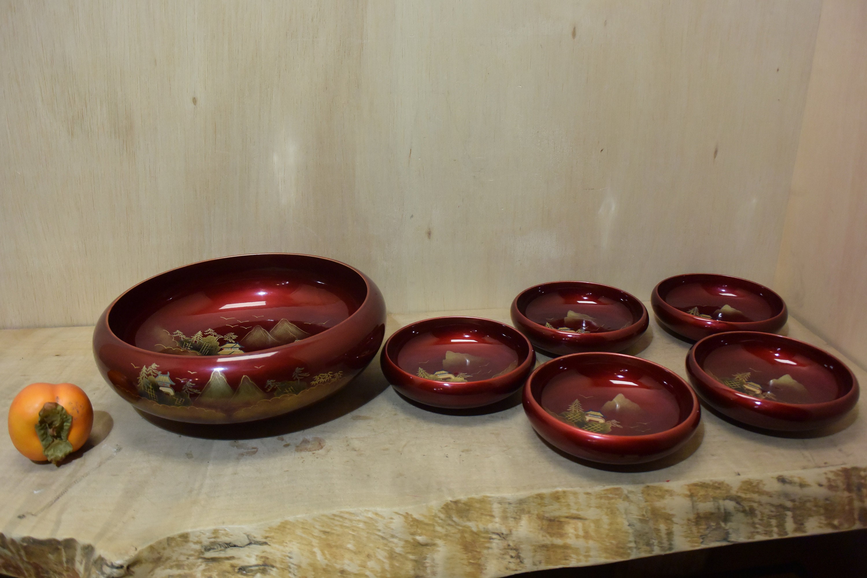 Vintage Japanese Wooden Lacquer Salad Bowl Set of 6 Pieces Etsy