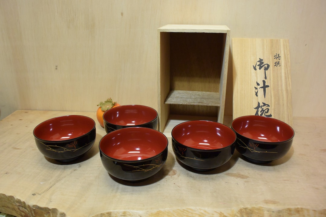 Set of 5 Japanese Black Antique Red Lacquer Rice Bowls With Wooden ...