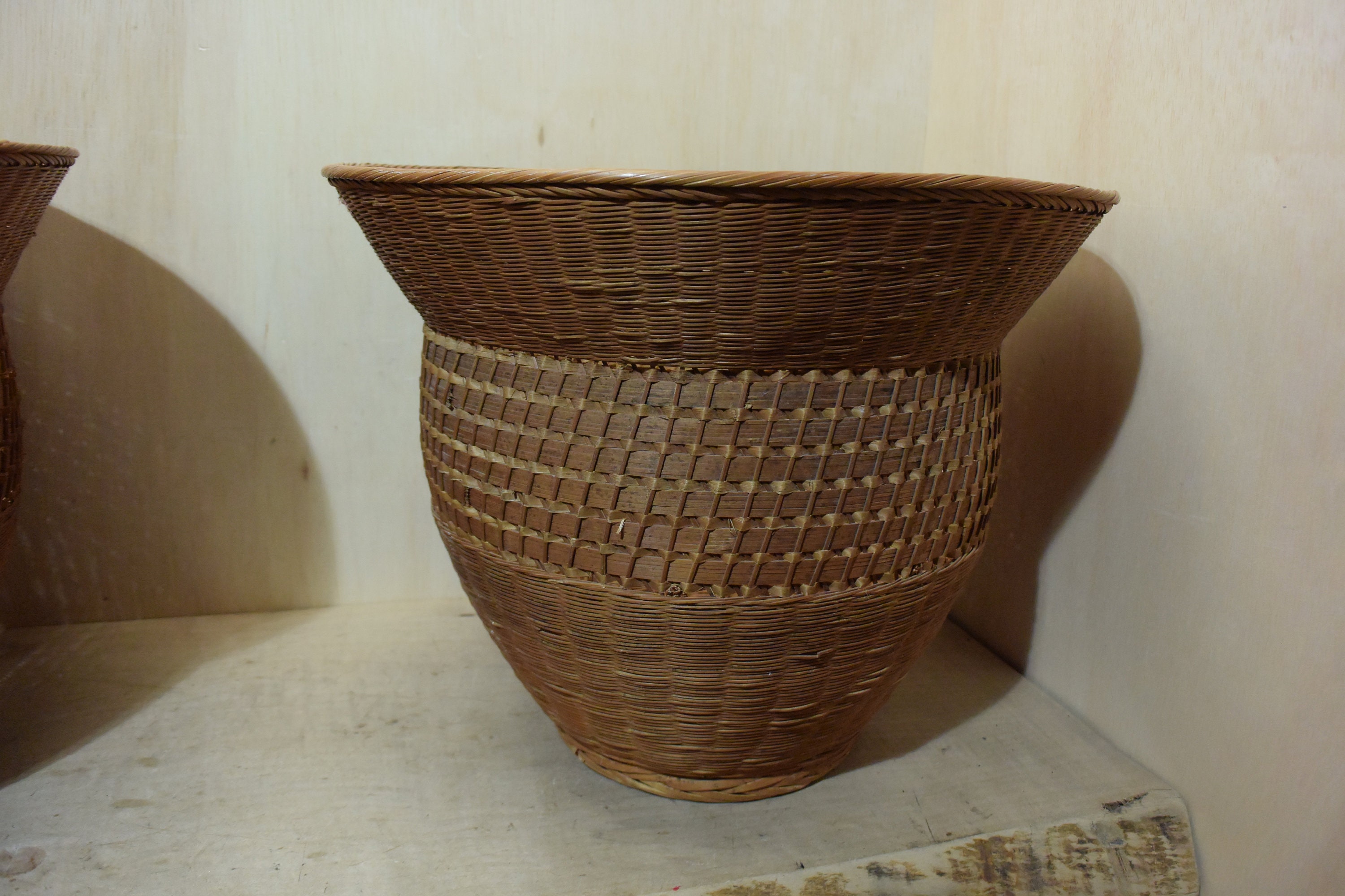 Set of 2 Large Chinese Round Bamboo Baskets Etsy