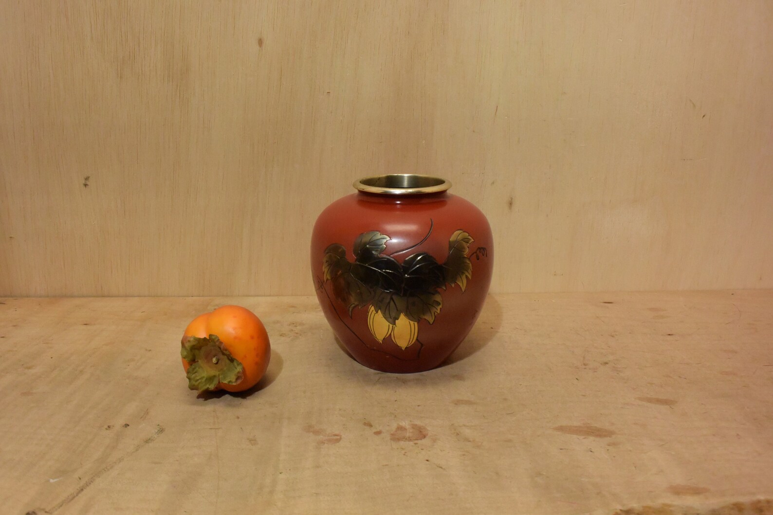 Vintage Japanese Metal Vase Etching Design Melon Vine Red Etsy