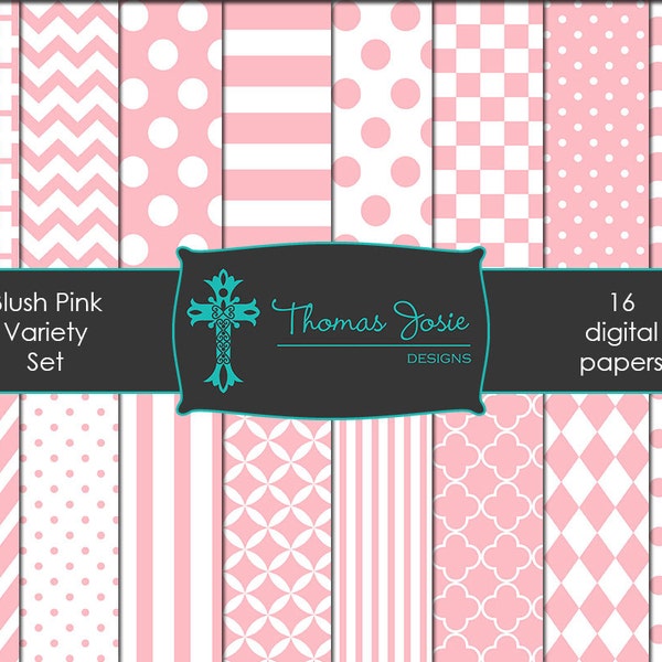 Blush Pink Digital Paper Backgrounds Striped Digital Polka Dot Digital Chevron Digital Quatrefoil Pattern Papers 8.5 x 11 - Instant Download