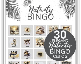 May include: A square card with the words "Nativity Bingo" at the top. The card features 30 bingo cards with watercolor illustrations of the Nativity scene, including a star, stable, and the three wise men. A circular graphic says "30 Elegant Nativity Bingo cards."