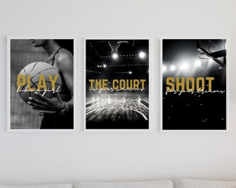 FOR HER Set of 3 Black White & Gold Basketball Quote Posters | Printable Decor | Wall Art ORIGINAL Motivational Quotes