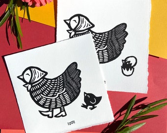 Mama Bird & Chick Lino Block Print — Perfect for New Moms