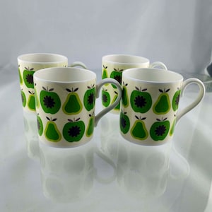 Set Of Four Orla Kiely Design Bone China Green Pear Apple Pattern Mugs