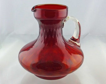 Mid-Century Empoli Red Glass Jug With Clear Handle And Neck Base Optic Quilting Patterns