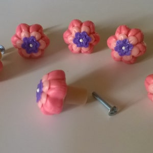 DRAWER KNOBS Set of 3 pink flowers! COLD PORCELAIN saeljana. Chest of drawers cupboard door handle.