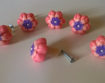 DRAWER KNOBS Set of 3 pink flowers! COLD PORCELAIN saeljana. Chest of drawers cupboard door handle.