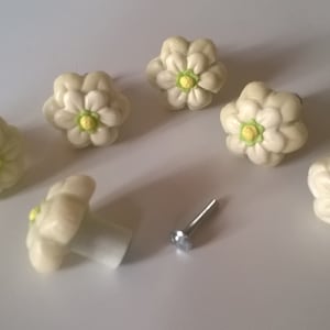 Può includere: Sei tiretti per cassetti in ceramica bianca a forma di fiore con centri gialli. I tiretti hanno una texture leggermente in rilievo e sono progettati per assomigliare a un fiore.