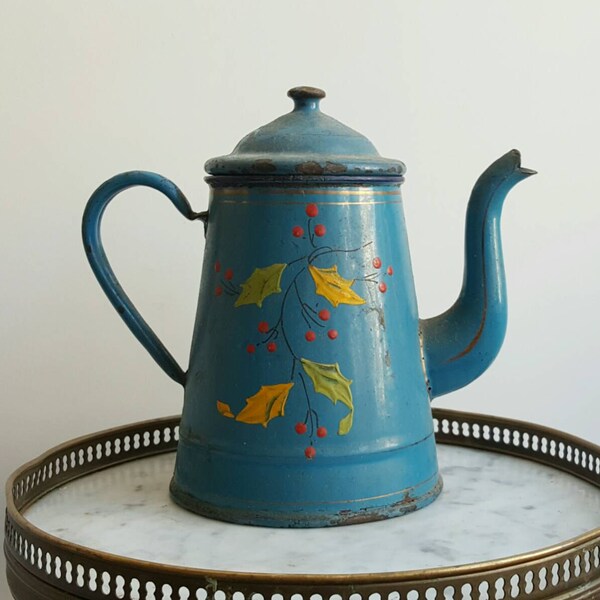 Vintage French Enamelware Pitcher in Blue, for Rustic Kitchen
