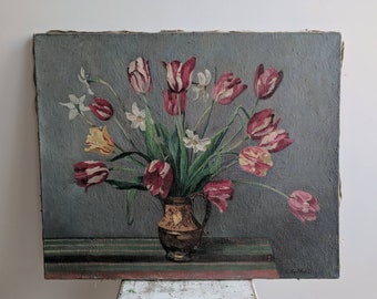 Gorgeous French Vintage Painting of Tulips - Antique Botanical Wall Art