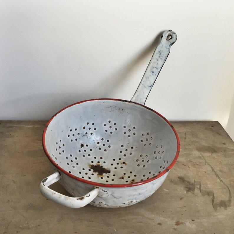 French Vintage Colander in White Enamelware, for Rustic Kitchen Style