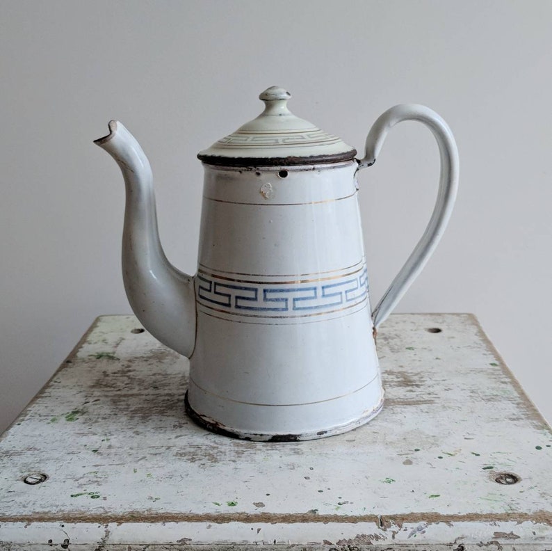 French Vintage Coffee Pot in White Enamelware with Blue and Etsy