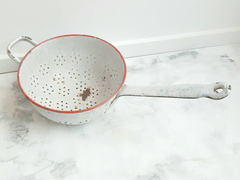 French Vintage Colander in White Enamelware for Rustic Etsy
