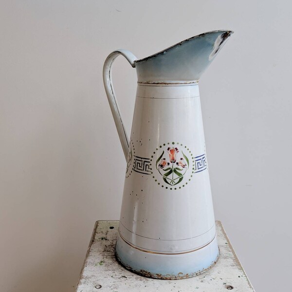 Vintage Pitcher - Vintage Coffee Pot - Vintage Enamelware - Enamel Pitcher - Blue Pitcher - Blue Coffee Pot - Vintage French Enamelware