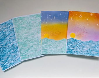 Reliëfgolven, oceaangolven, zonsondergang, blanco wenskaarten