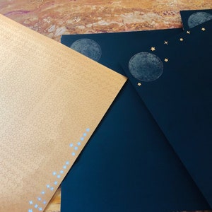 Puede incluir: Dos hojas de papel, una dorada con un patr&oacute;n de peque&ntilde;as estrellas y un borde de estrellas m&aacute;s grandes, y otra azul oscuro con dos lunas blancas y estrellas doradas.