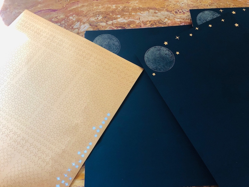 Puede incluir: Dos hojas de papel, una dorada con un patr&oacute;n de peque&ntilde;as estrellas y un borde de estrellas m&aacute;s grandes, y otra azul oscuro con dos lunas blancas y estrellas doradas.