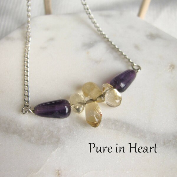 Matthew 5:8 necklace, Pure in Heart *Ready to Ship*  Amethyst Citrine sterling silver, Inspirational gift