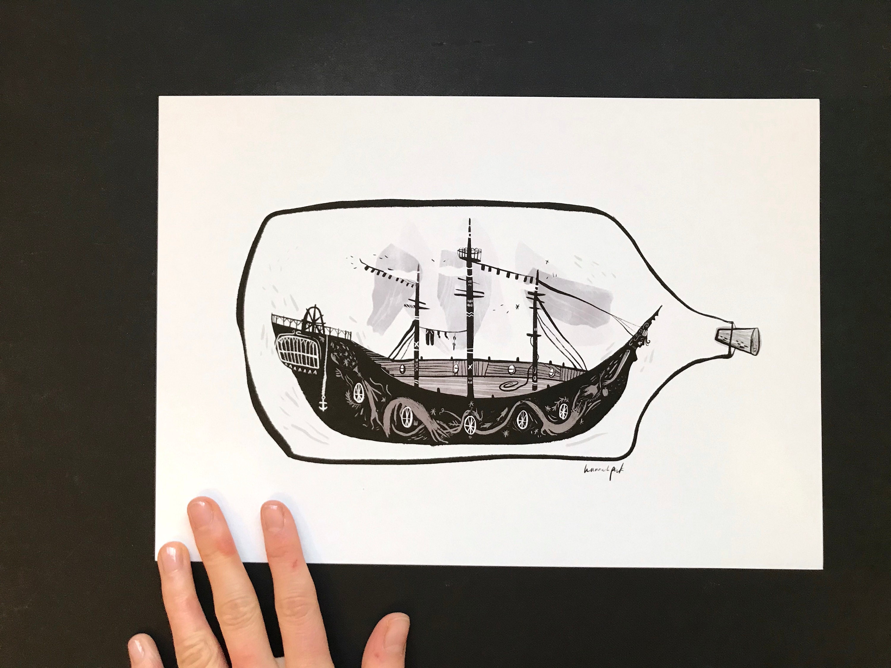 Ship in a Bottle Illustrated Artwork Print | Etsy