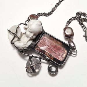 Vintage porcelain figurine and tin box Necklace, Handmade art Pendant