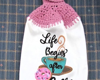 Coffee Lovers Hanging Kitchen Towel with Coordinated Crocheted Topper and Decorative Button