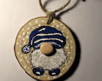 Hand Painted Winter Gnome Wood Slice Christmas Tree/Package Ornament with Pebble Nose and Puffy Paint Beard