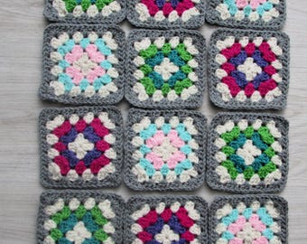 12 New Hand Crocheted/Unjoined/Unblocked/Unassembled Granny Squares/Gray Base/4.75 inches square