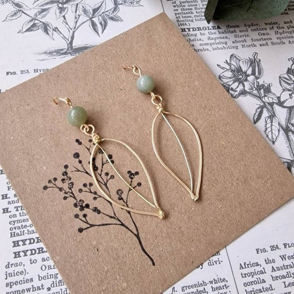 Handmade gold plated leaf earrings with green gemstone beads, minimalist, botanical, wire earrings