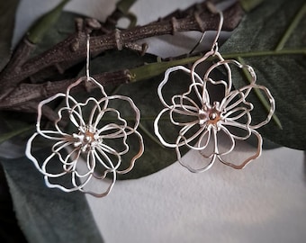 Silver wire double flower earrings, delicate, hand shaped, silver french, hooks, delicate, statement, lightweight