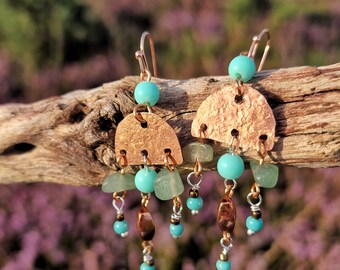 Handmade hammered copper and turquoise beaded earrings