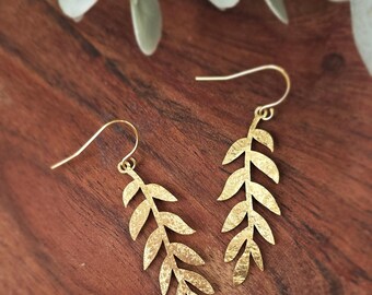 Delicate hammered brass leaf earrings, 18k gold french hooks