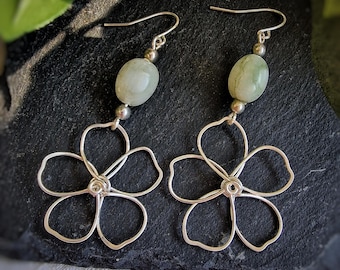 Silver wire flower earrings with pale green beads, delicate, hand shaped, silver french hooks, delicate, statement, lightweight