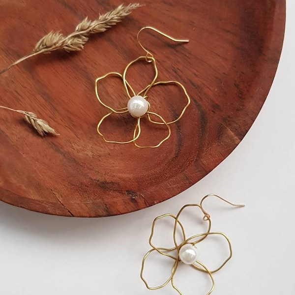 Brass wire flower earrings with faux pearl centres, lightweight, handmade, statement