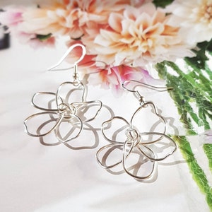 Silver wire flower earrings, delicate, hand shaped, sterling silver hooks, delicate, statement, lightweight image 9