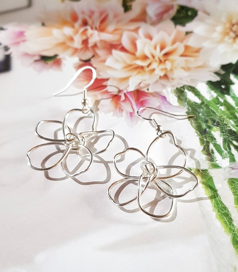 Silver wire flower earrings, delicate, hand shaped, sterling silver hooks, delicate, statement, lightweight image 9