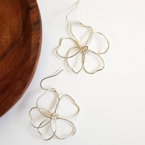 Silver wire flower earrings, delicate, hand shaped, sterling silver hooks, delicate, statement, lightweight image 7