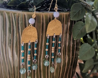 Hammered brass chandelier earrings with green and blue beads, OOAK, handmade