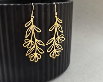 Delicate hammered brass flower and leaf earrings, 18k gold french hooks
