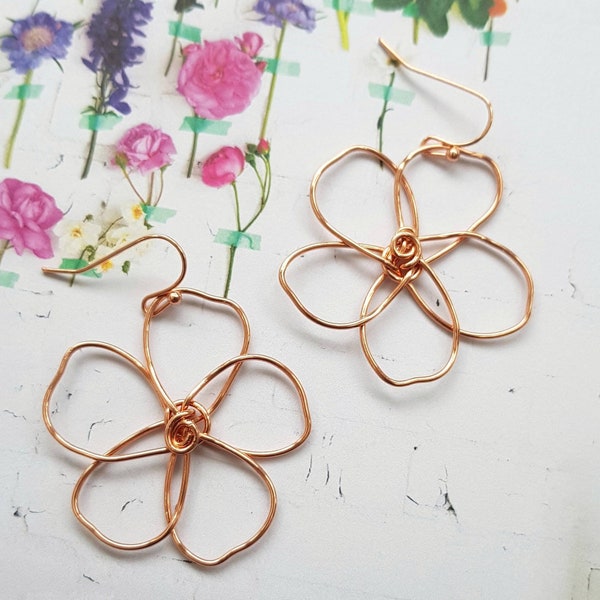 Copper wire flower earrings, delicate, hand shaped, rose gold plated hooks, delicate, statement, lightweight