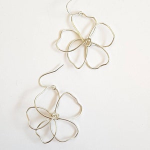 Silver wire flower earrings, delicate, hand shaped, sterling silver hooks, delicate, statement, lightweight image 4