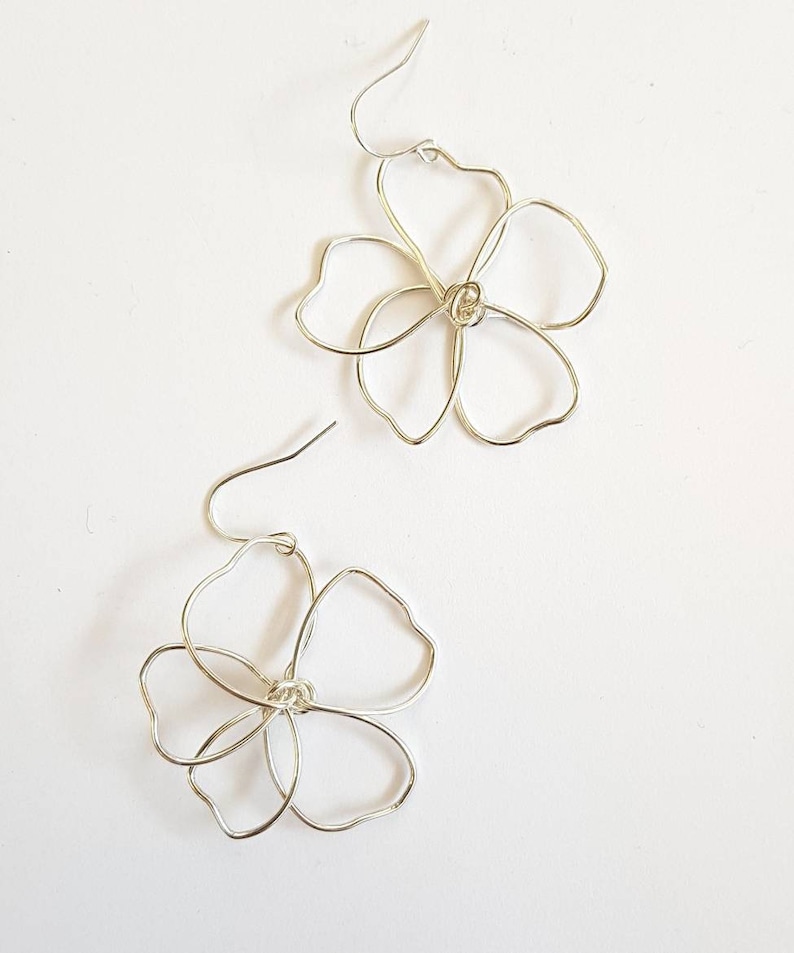 Silver wire flower earrings, delicate, hand shaped, sterling silver hooks, delicate, statement, lightweight image 4