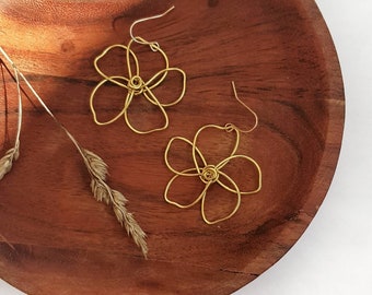 Brass wire flower earrings, lightweight, handmade, statement